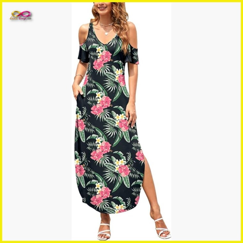 Summer Maxi Dress V-Neck Cold Shoulder Loose Fit Split with Pockets